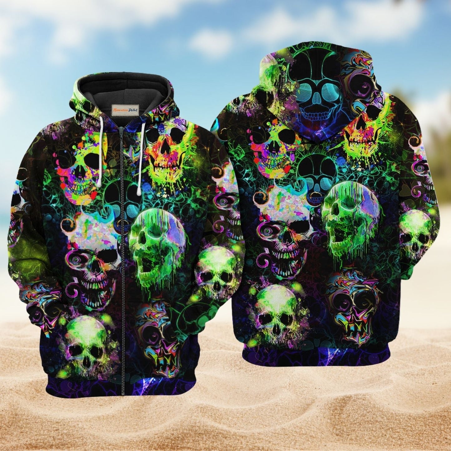 Green Skull Color Splash Hoodie For Bold Streetwear Seasonal Events And Comfortable Layering