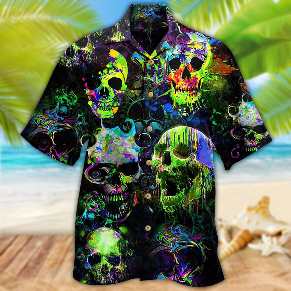 Green Skull Hawaiian Shirt With Tropical Pattern For Resort Travel Summer Outings And Casual Gatherings