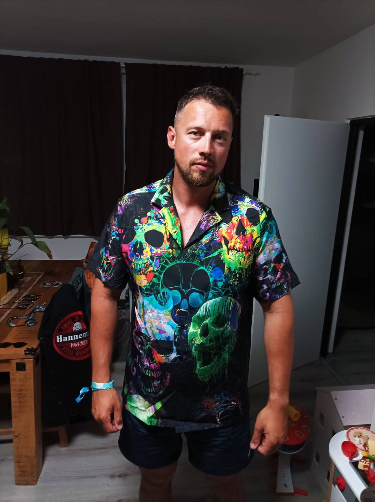 Green Skull Hawaiian Shirt With All Over Print For Resort Travel Summer Outings And Casual Gatherings