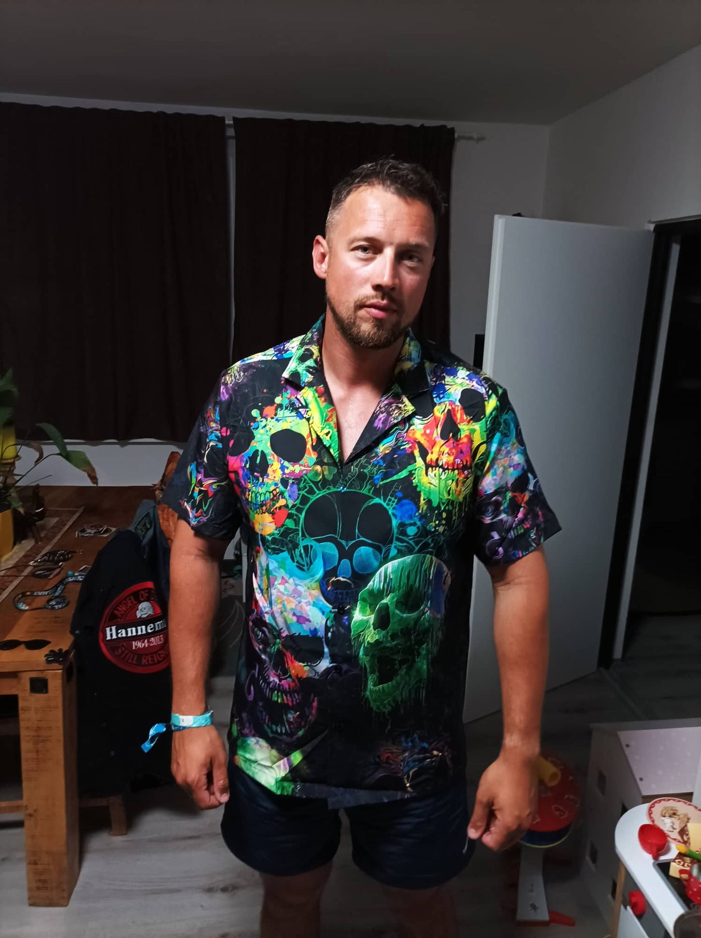 Green Skull Hawaiian Shirt With All Over Print For Resort Travel Summer Outings And Casual Gatherings