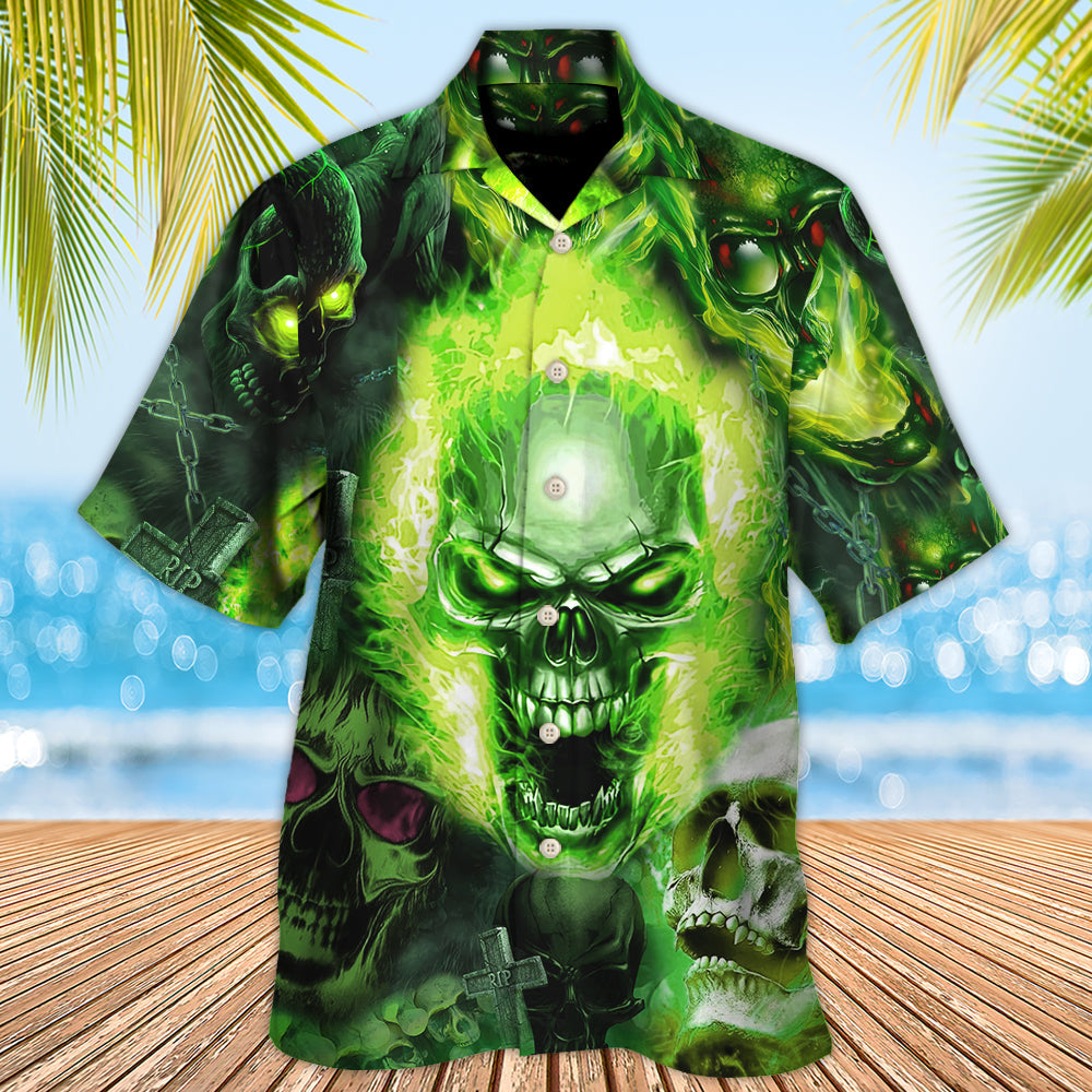 Green Skull Fear Man Hawaiian Shirt Artwork View For Coastal Escapes And Resort Style