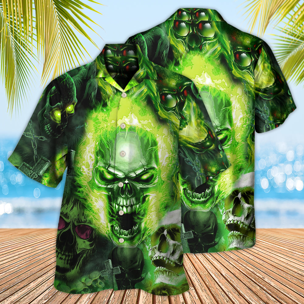 Green Skull Fear Man Hawaiian Shirt For Summer Events And Casual Outdoor Wear
