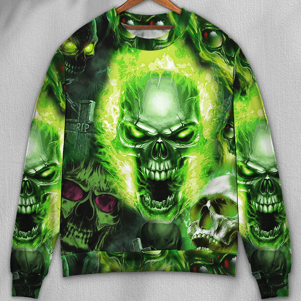 Green Skull Fearless Spirit Sweater For Fantasy Fans Casual Outings And Weekend Adventures