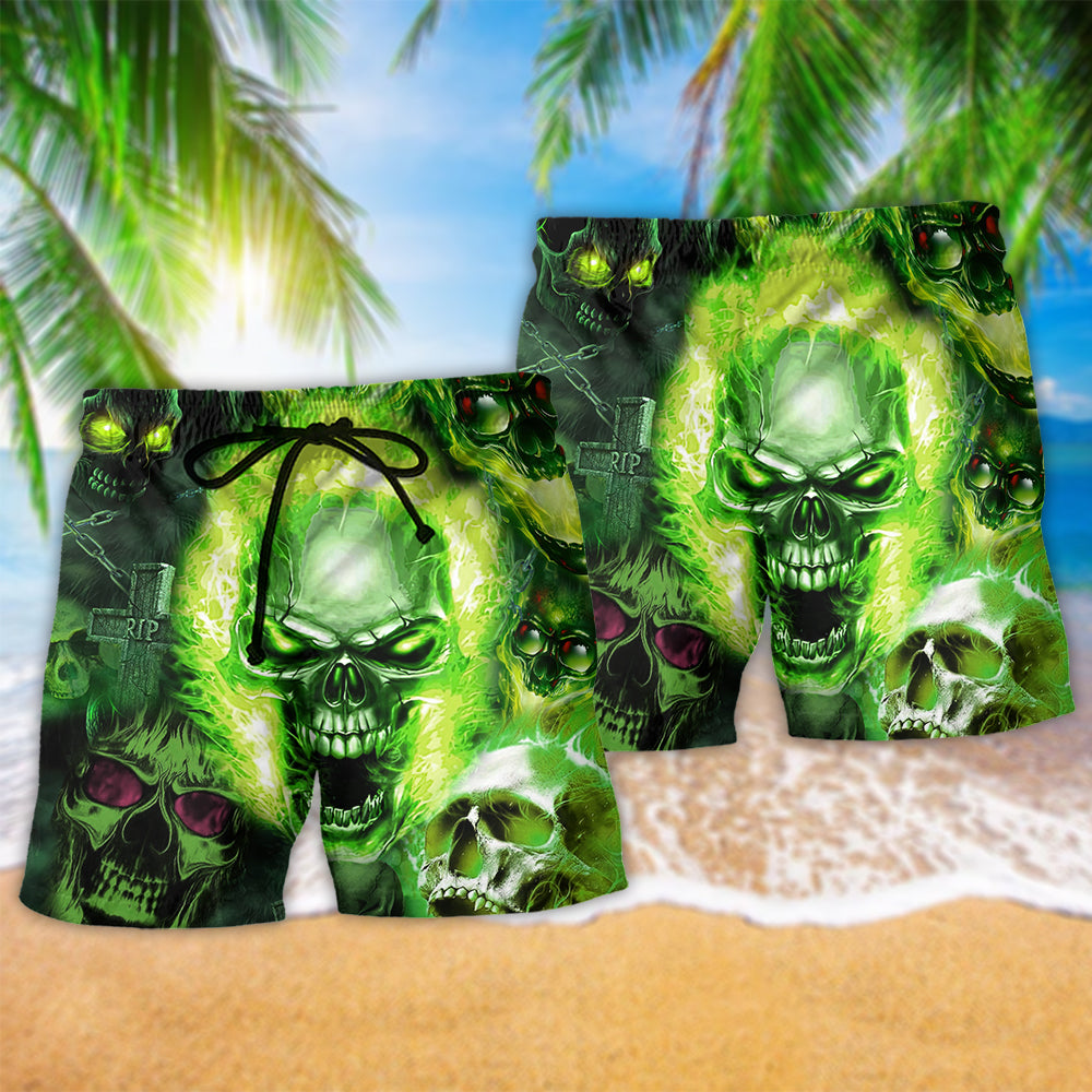 Skull Green Fear No Man Beach Shorts Pattern View For Weekend Trips And Outdoor Activities