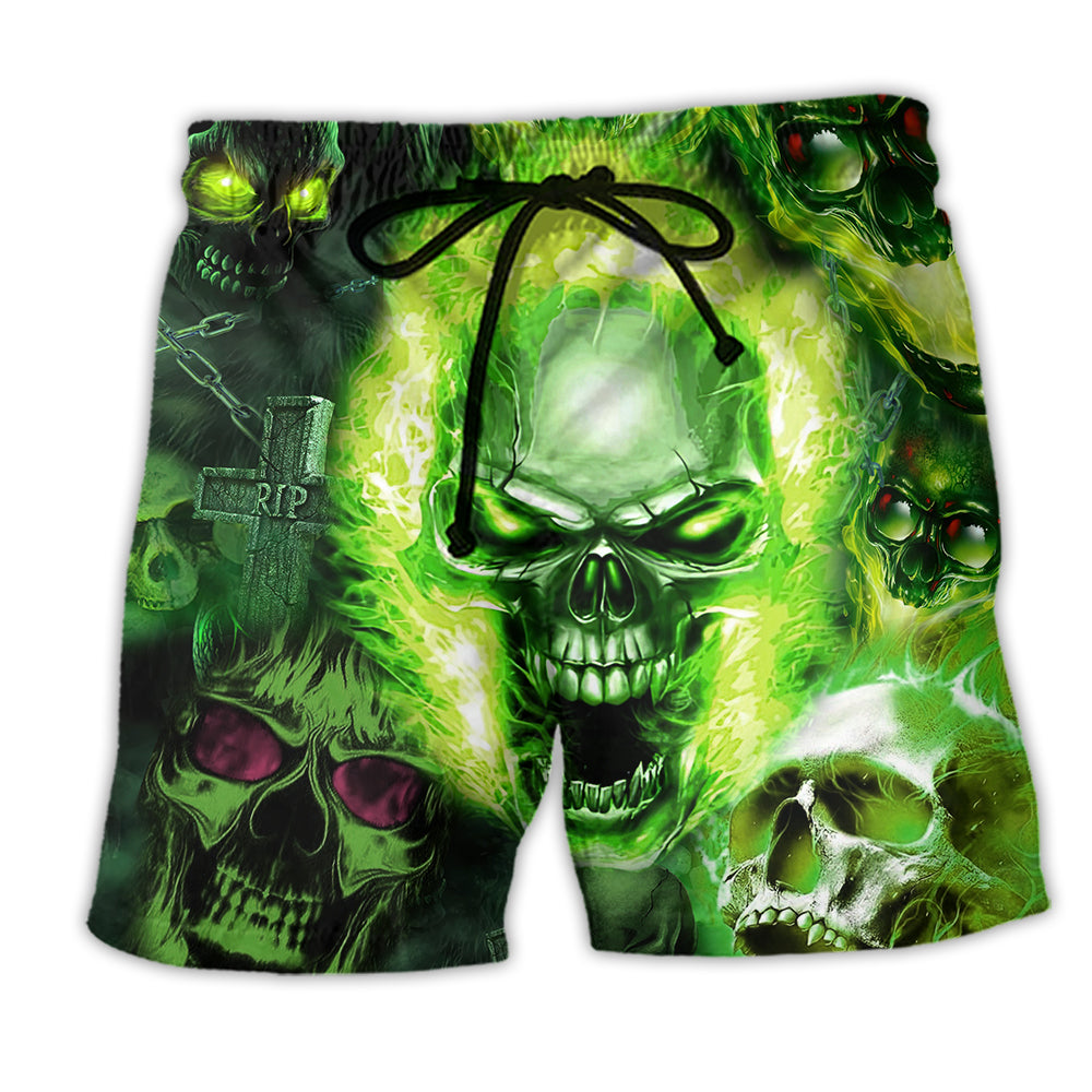 Skull Green Fear No Man Beach Shorts Design Detail For Resort And Beach Day Style