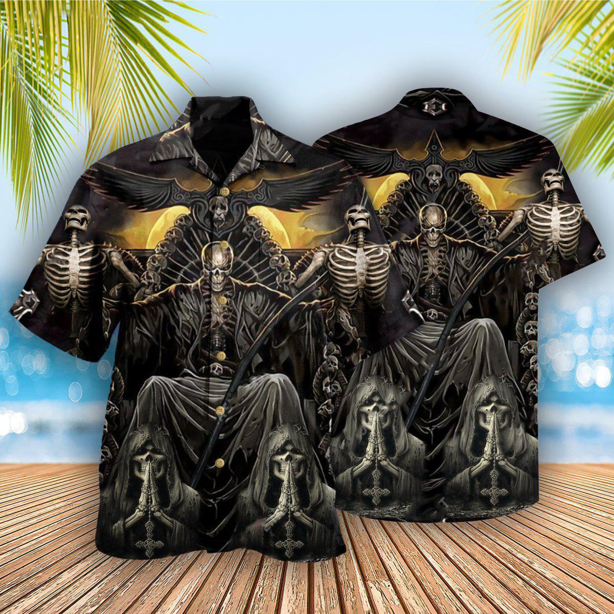 Dark Grim Reaper Skull Hawaiian Shirt With All Over Print For Beach Vacations Casual Parties And Warm Weather Style
