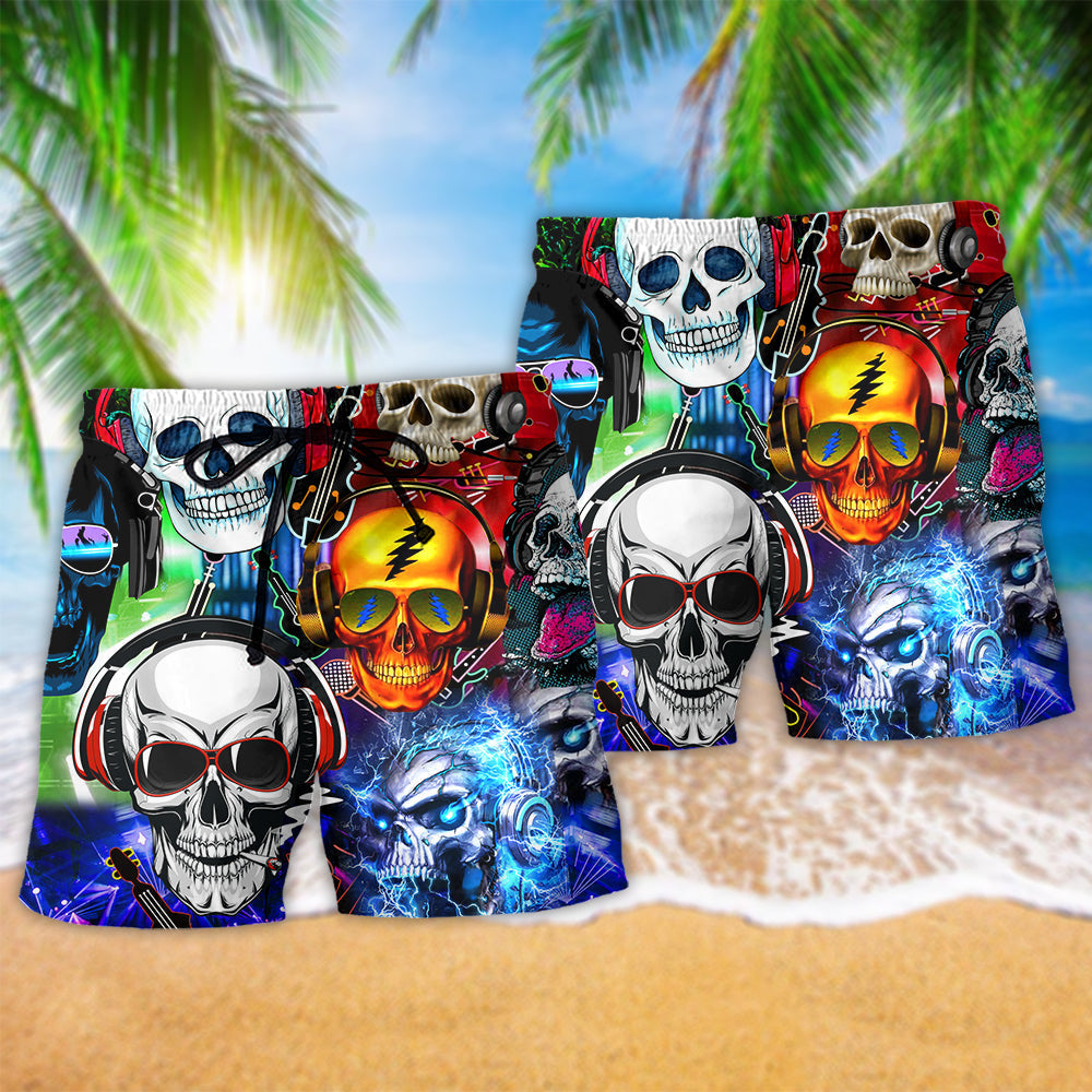 Skull Guitar Music Beach Shorts Pattern Detail For Holiday Travel And Warm Weather Wardrobe