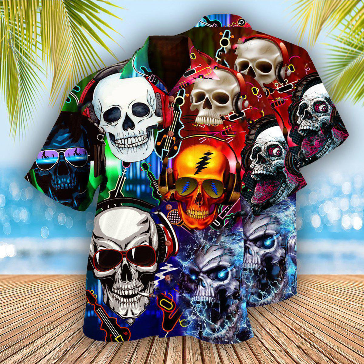 Skull And Guitar Hawaiian Shirt With All Over Print For Summer Events Coastal Travel And Comfortable Styling