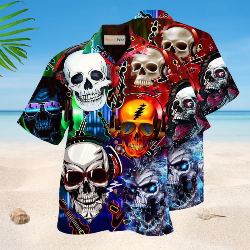 Skull Guitar Rock Hawaiian Shirt For Vacation Adventures Beach Events And Relaxed Warm Weather Style