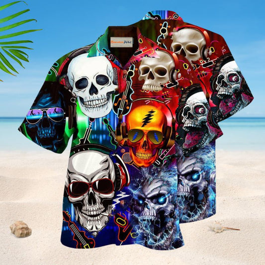 Skull Guitar Rock Hawaiian Shirt For Vacation Adventures Beach Events And Relaxed Warm Weather Style