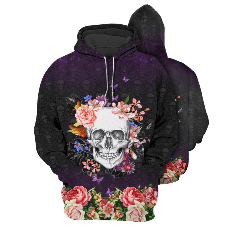 Skull Happiness Flowers Hoodie For Gothic Art Lovers Daily Wear And Weekend Adventures