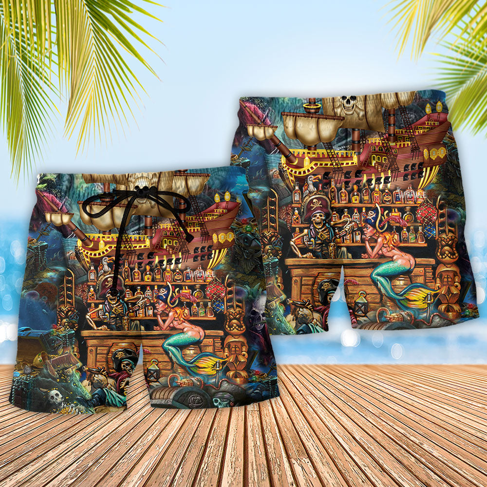 Pirate Skull Treasure Night Sea Beach Shorts Pattern Detail For Cruise Vacations And Relaxed Casual Style