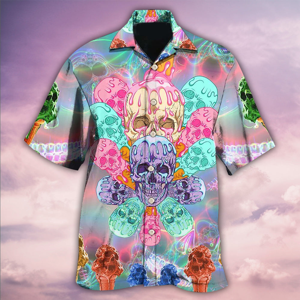 Skull And Ice Cream Hawaiian Shirt With Detailed Graphic For Resort Getaways Summer Adventures And Casual Gifting