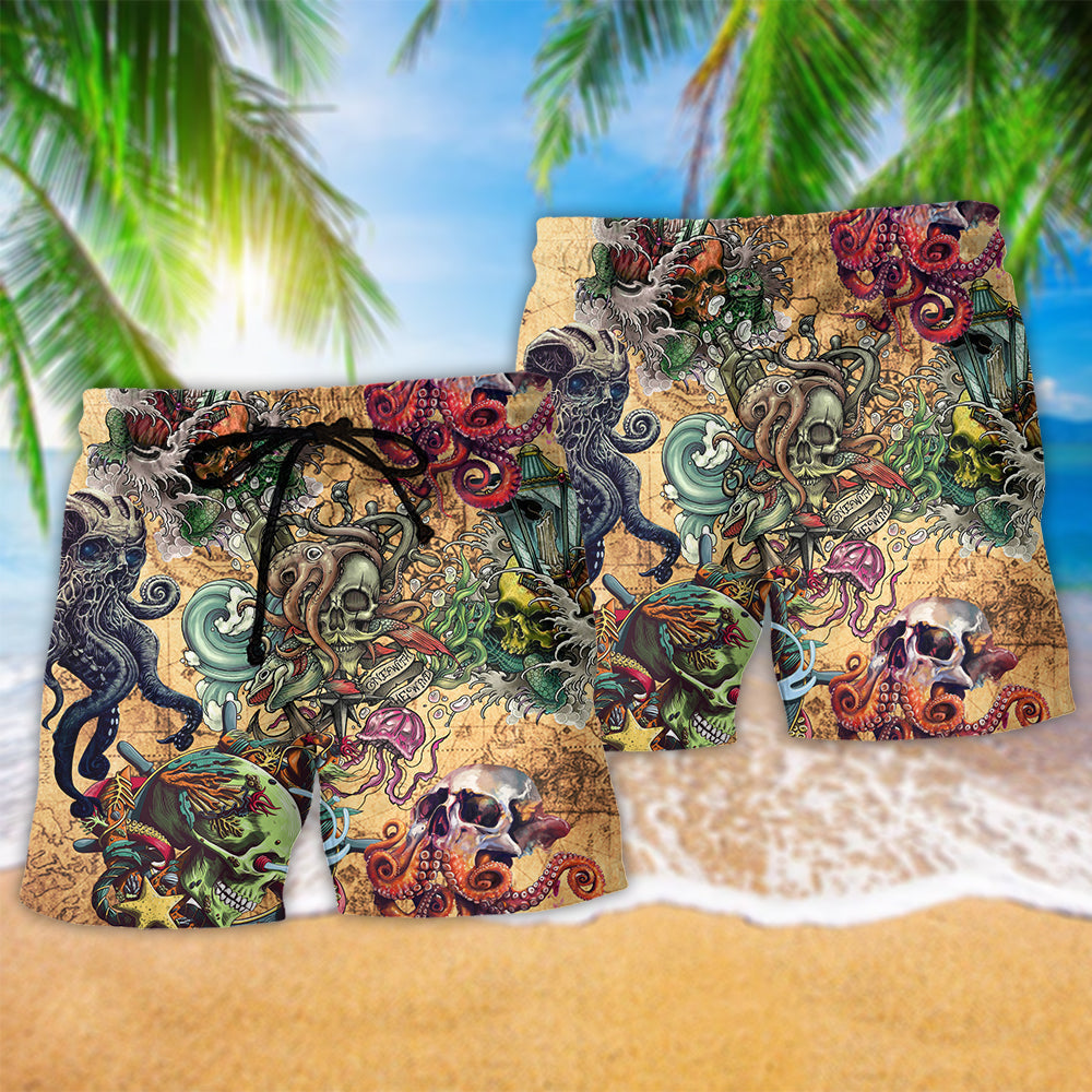 Skull Into The Sea Ocean Beach Shorts Artwork Detail For Coastal Festival Trips