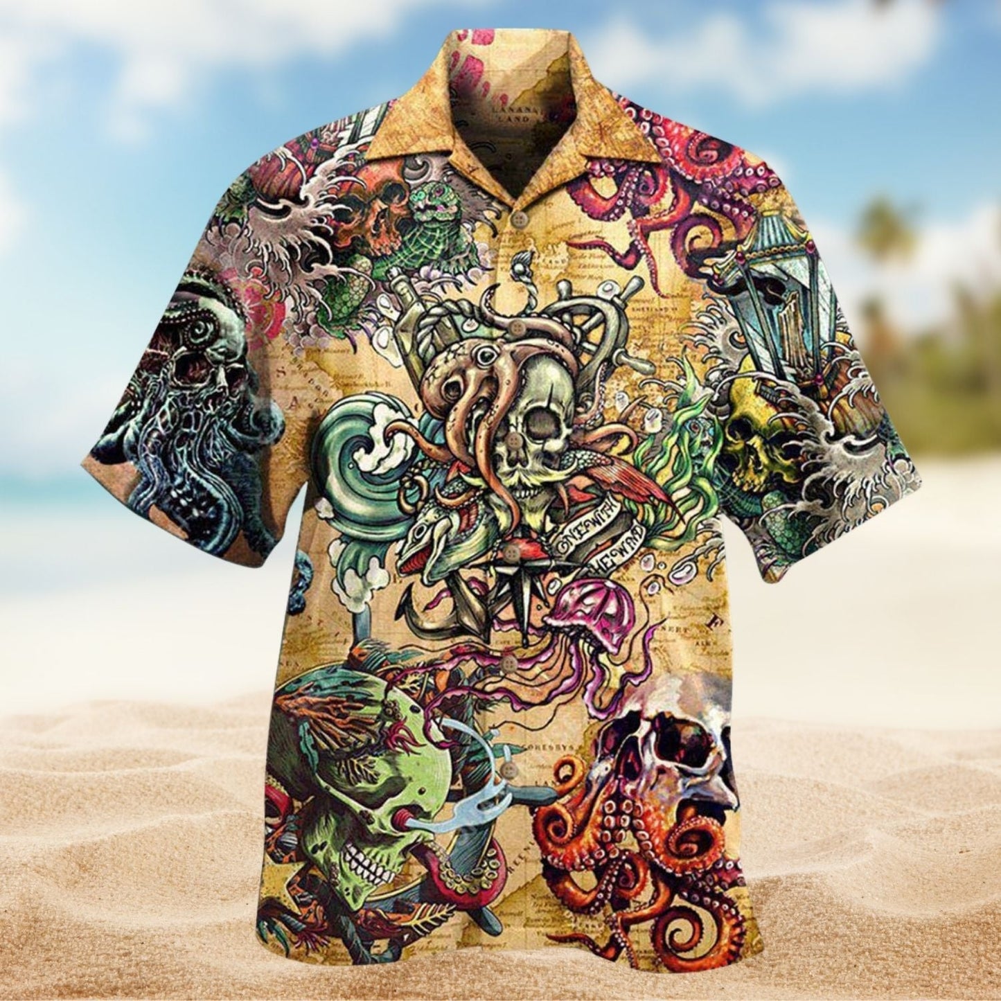 Skull Sea Hawaiian Shirt For Creative Adventures, Beach Travel, And Bold Warm Weather Wear
