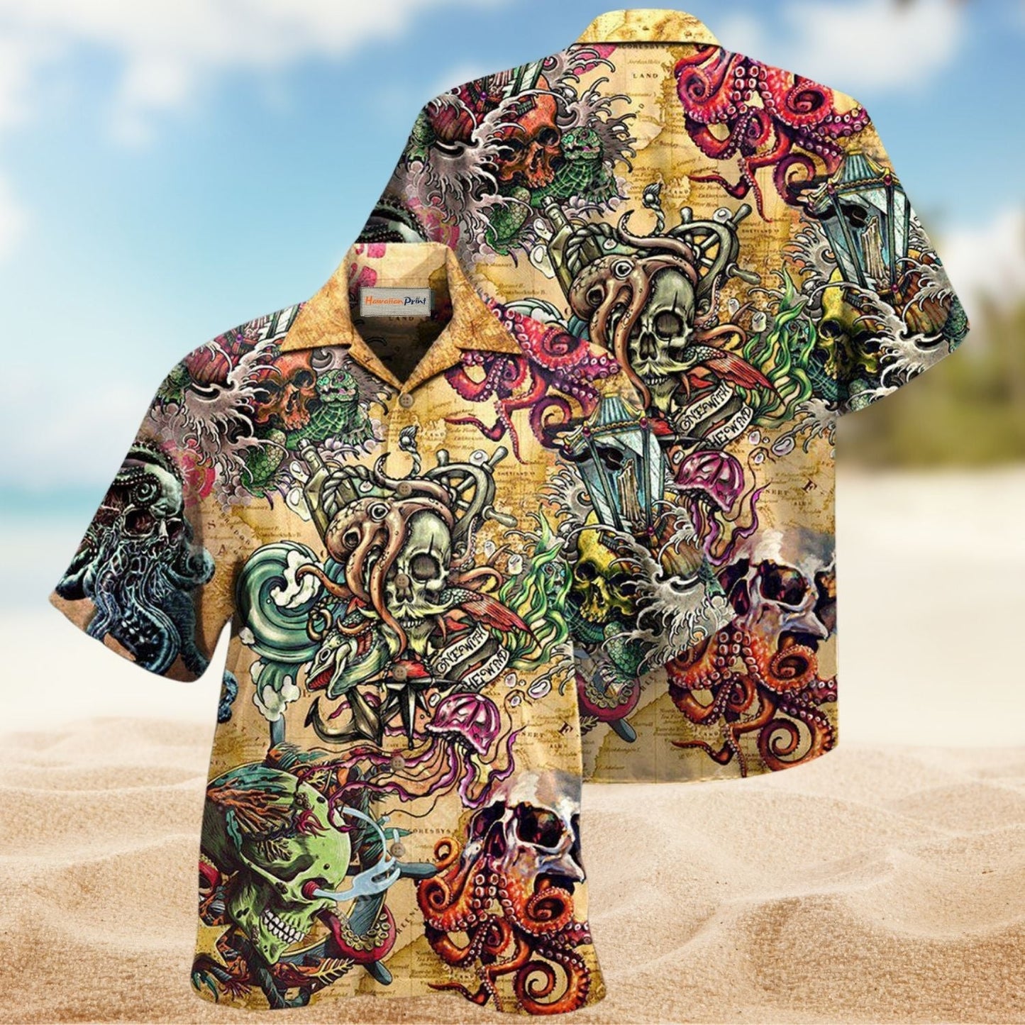 Skull Sea Hawaiian Shirt For Creative Adventures, Beach Travel, And Bold Warm Weather Wear