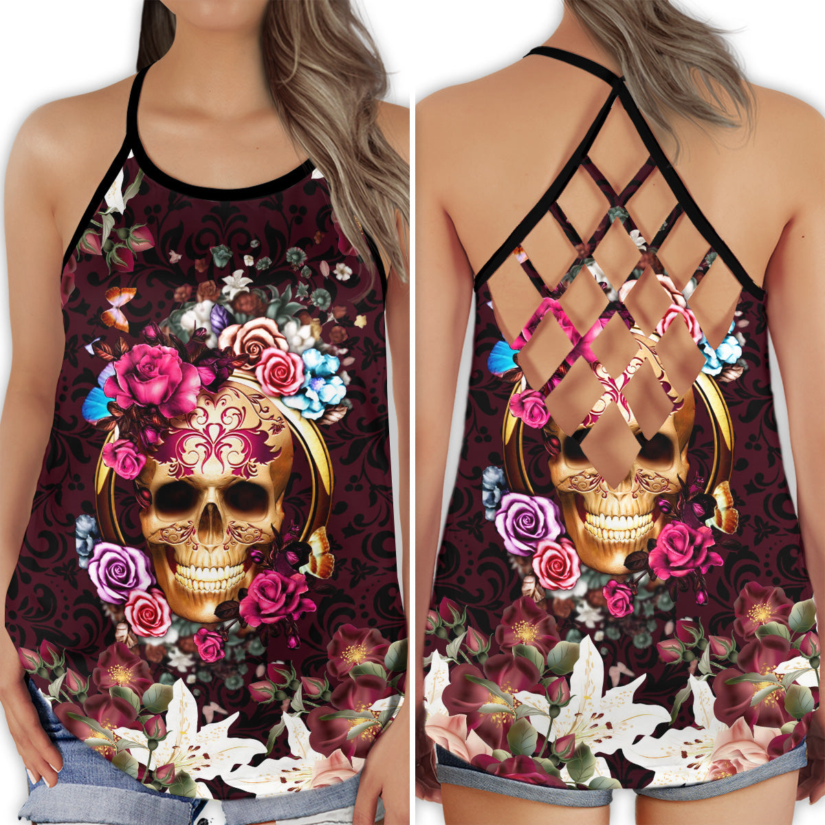 Skull Lady Bold Dark Charm Hollow Tank Top For Workouts Festivals And Bold Style