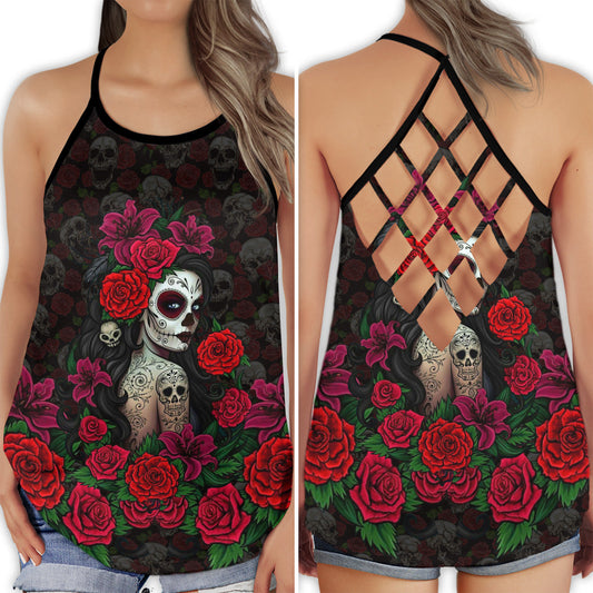 Sugar Skull Rose Love Hollow Tank Top For Yoga Practice And Summer Outings