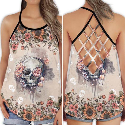 Skull Flower Gothic Soft Dark Floral Hollow Tank Top For Yoga Practice And Summer Outings