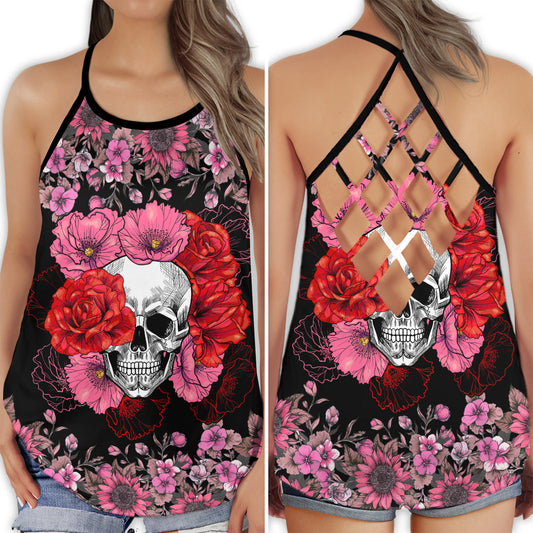 Skull Lady Floral Hollow Tank Top For Yoga Practice And Summer Outings