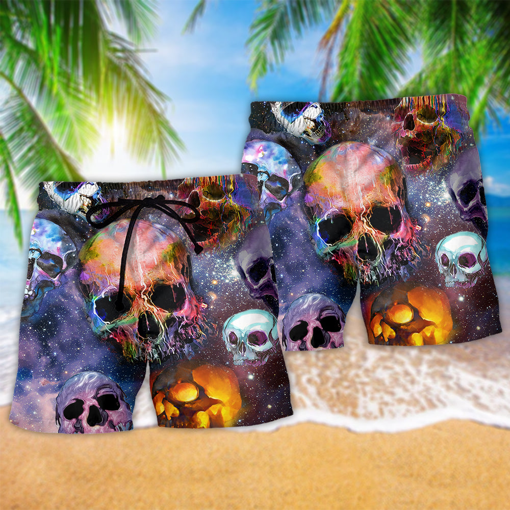 Colorful Skull Beach Shorts Pattern Detail For Warm Weather Comfort And Vacation Ready Style