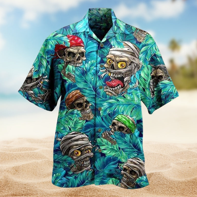 Vintage Skull Hawaiian Shirt For Beach Party, Family Vacation, And Beachside Style