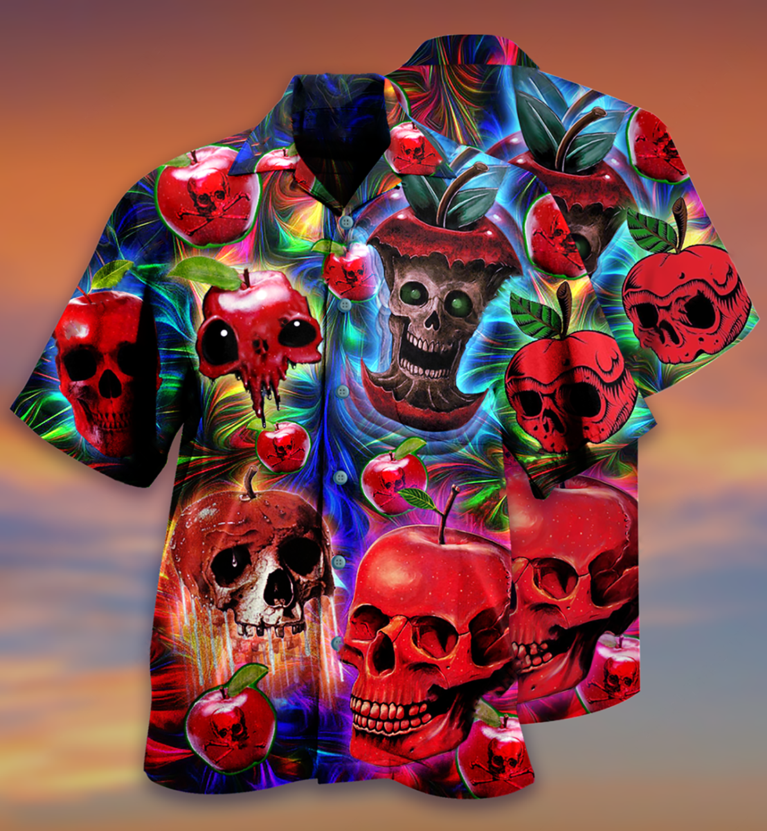 Skull And Apple Hawaiian Shirt With All Over Print For Summer Events Coastal Travel And Comfortable Styling