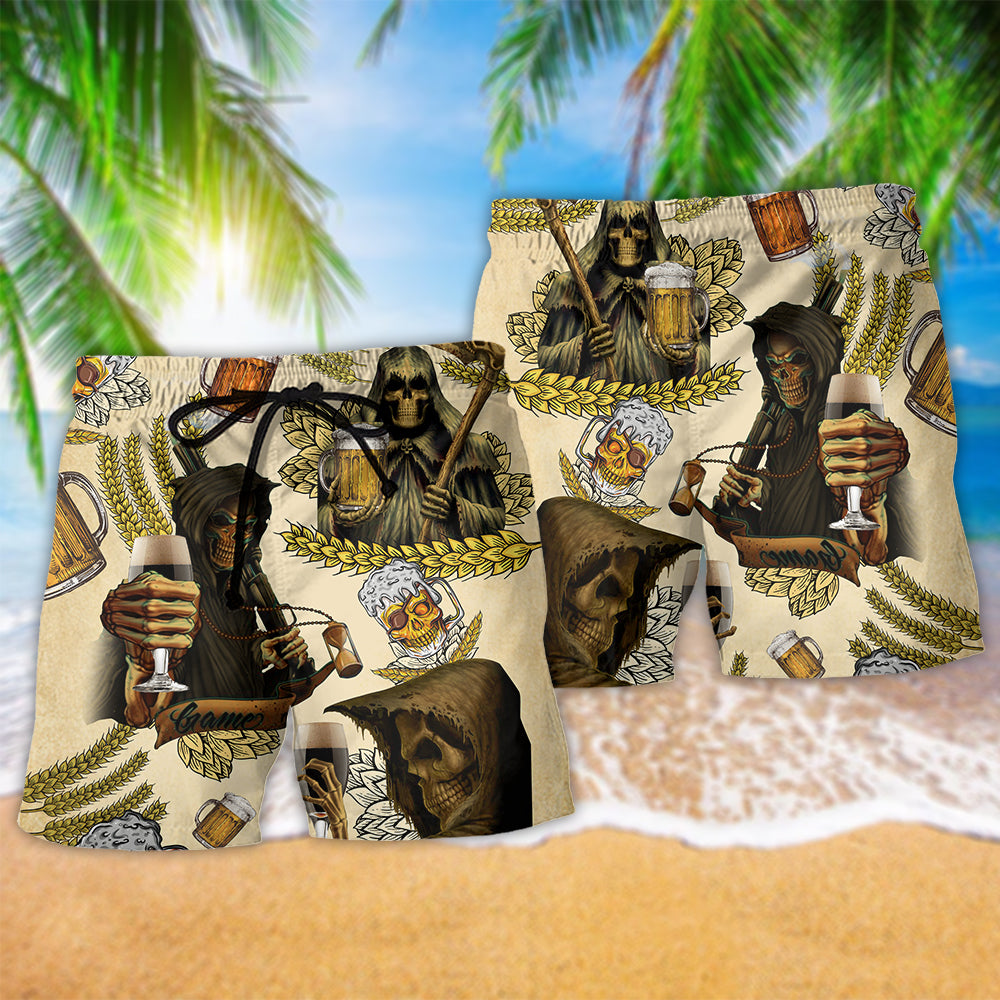 Skull Love Beer Happy Day Vintage Hawaiian Print Beach Shorts For Resort Days And Casual Style