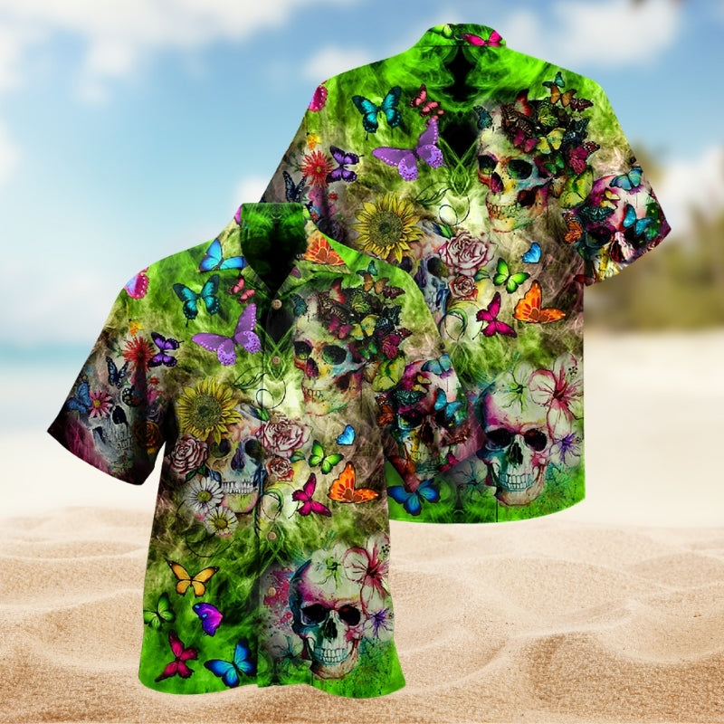 Gothic Skull Hawaiian Shirt For Summer Vacation, Beach Travel, And Casual Wear