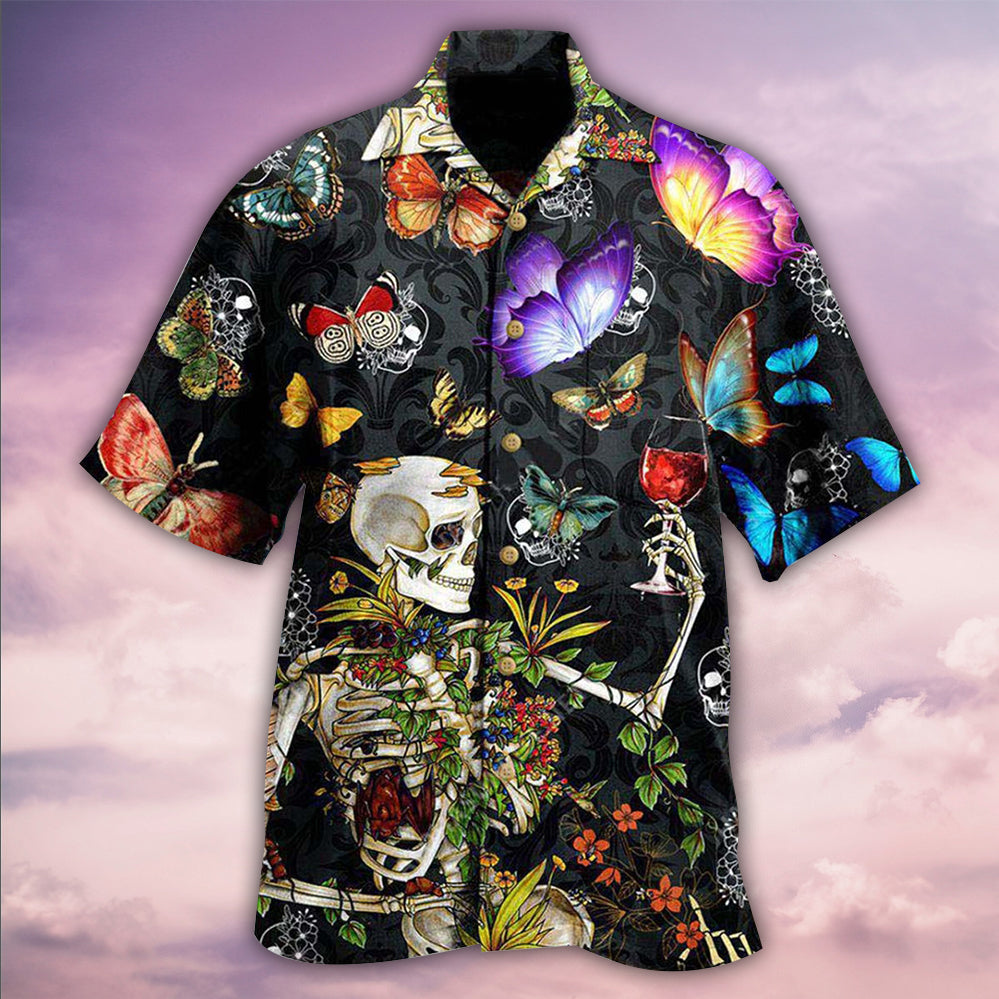 Skull And Butterfly Hawaiian Shirt With Detailed Graphic For Beach Parties Vacation Travel And Relaxed Casual Style