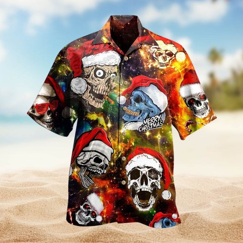 Vintage Skull Artwork Hawaiian Shirt For Summer Vacation, Beach Travel, And Casual Wear