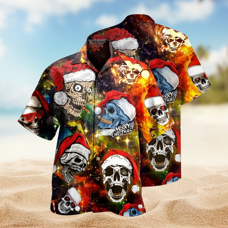 Vintage Skull Artwork Hawaiian Shirt For Summer Vacation, Beach Travel, And Casual Wear