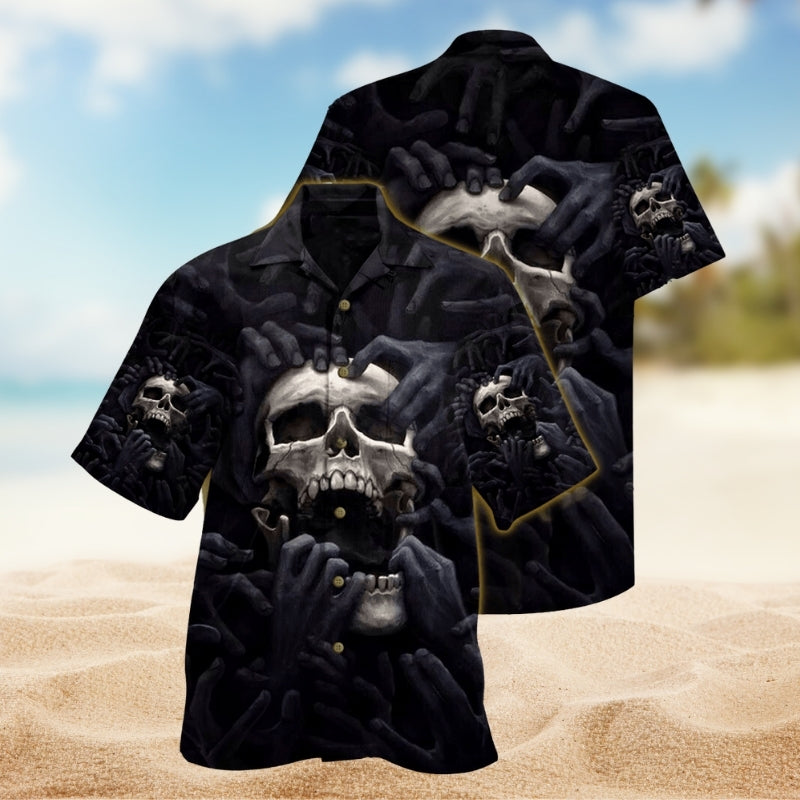 Bold Skull Attitude Hawaiian Shirt For Creative Adventures, Beach Travel, And Bold Warm Weather Wear