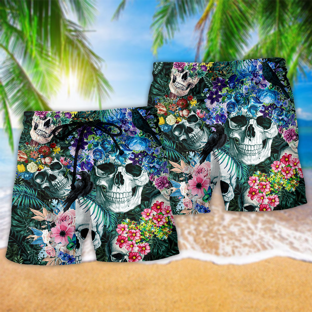 Smiling Skull Floral Blue Beach Shorts Pattern Detail For Beachside Relaxation And Comfortable Daily Wear