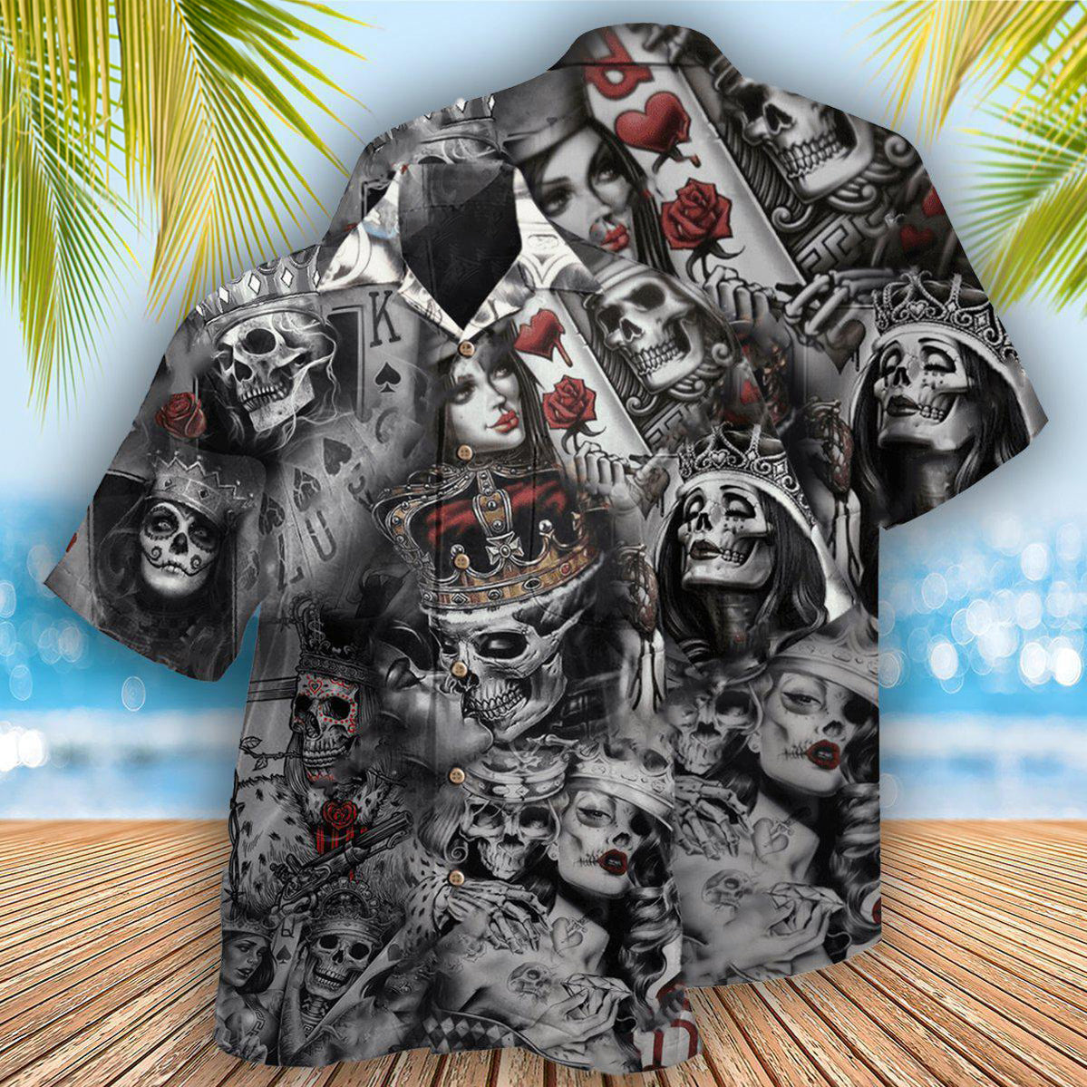 Skull And Casino Cards Hawaiian Shirt With All Over Print For Vacation Parties Beach Outings And Relaxed Daily Wear