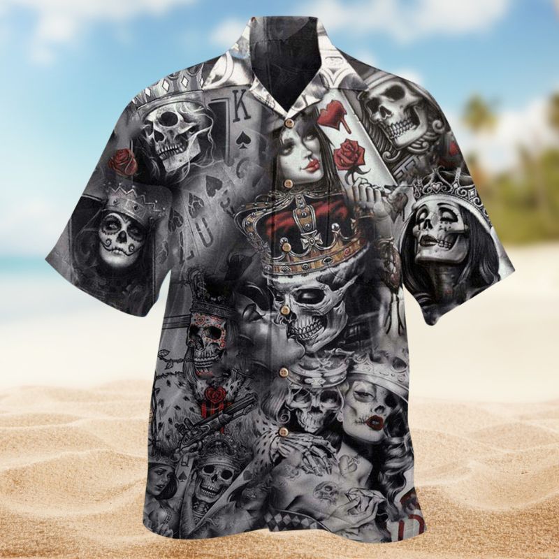 Blind Luck Poker Skull Hawaiian Shirt For Coastal Adventures Statement Designs And Warm Weather Wear