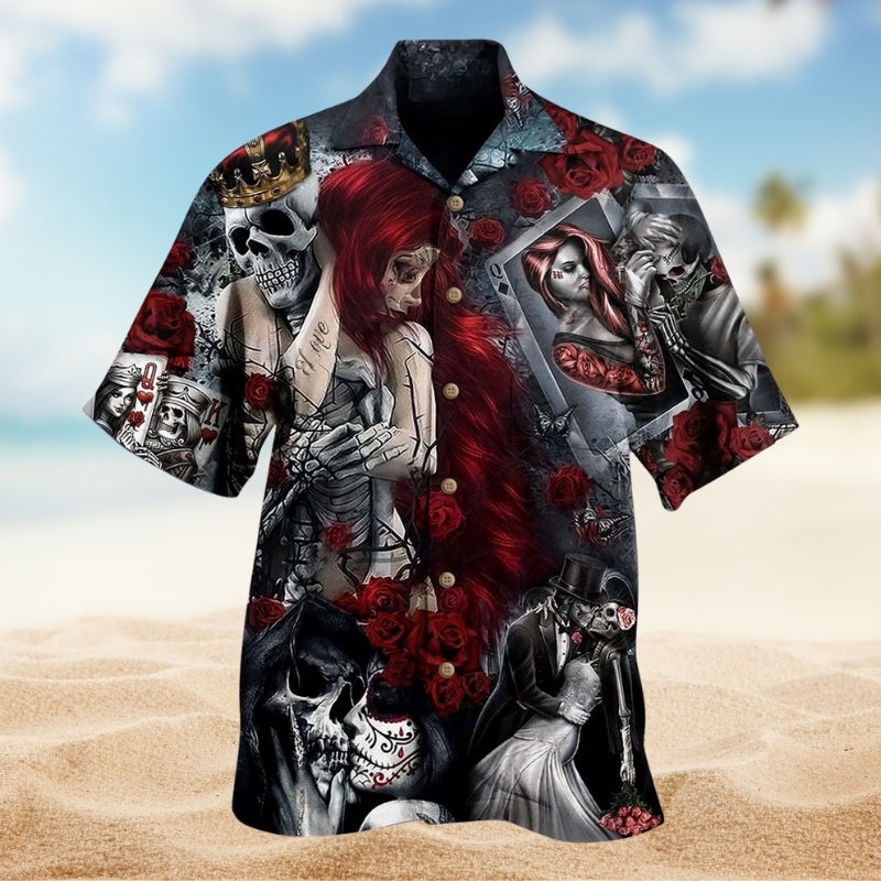 Rebellious Skull Design Hawaiian Shirt For Creative Adventures, Beach Travel, And Bold Warm Weather Wear