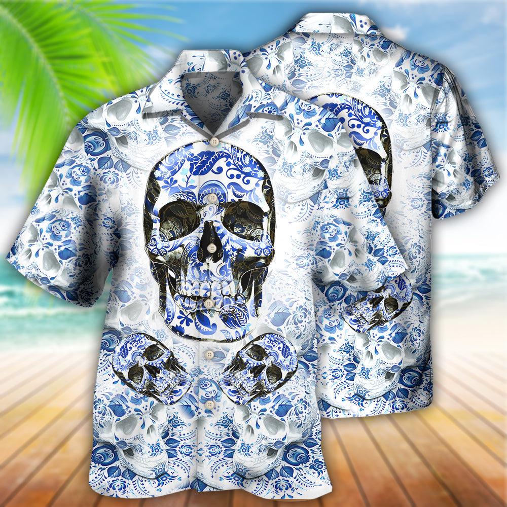 Blue Skull Hawaiian Shirt With All Over Print For Vacation Getaways Resort Wear And Casual Celebrations