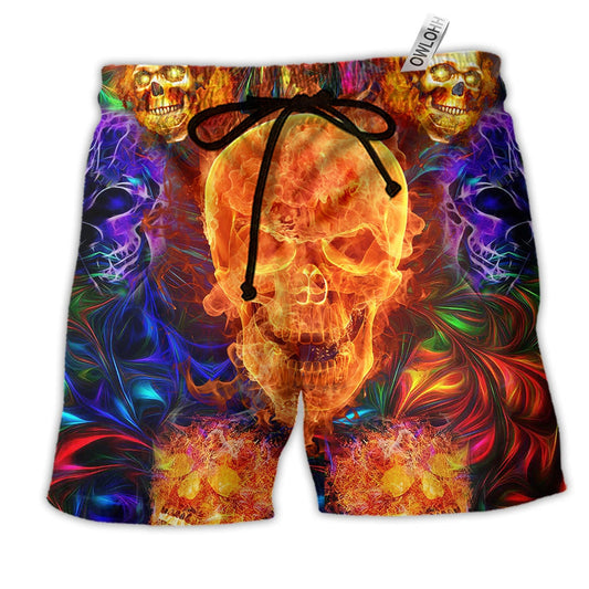 Skull Love Life Fire Hawaiian Print Beach Shorts For Fantasy Fan Beach Days