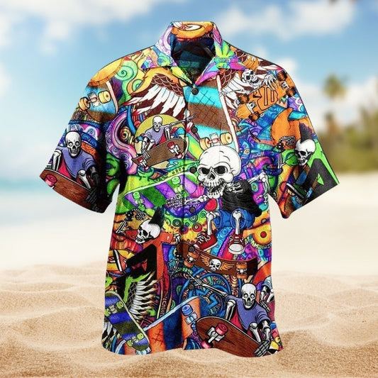 Vintage Skull Hawaiian Shirt For Seasonal Celebration, Island Getaway, And Weekend Wear
