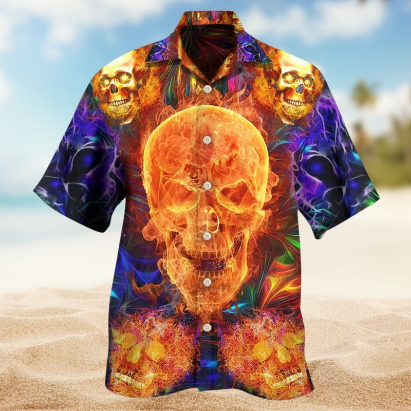 Vintage Skull Hawaiian Shirt For Seasonal Celebration And Coastal Casual Wear