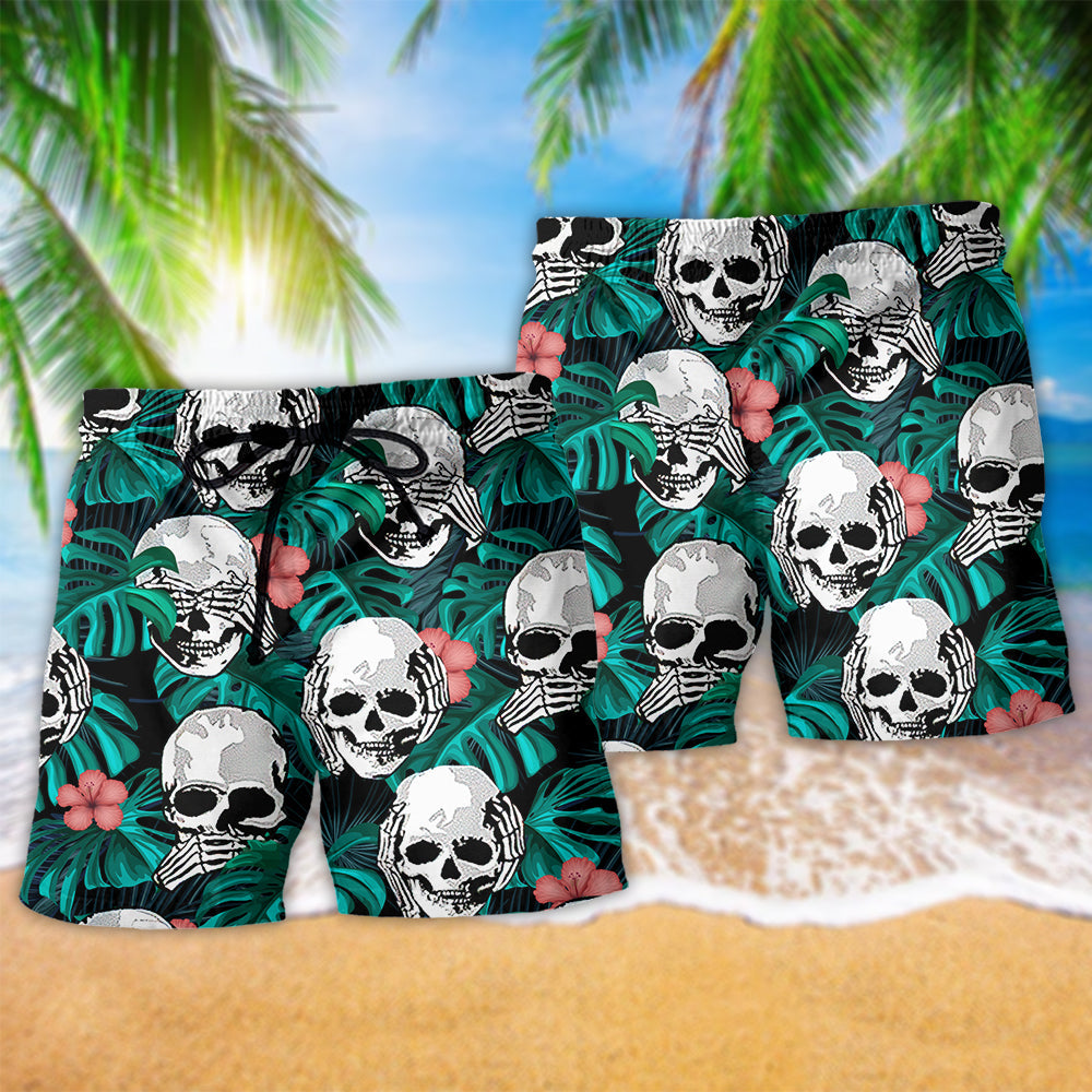 Skull Tropical Floral Leaf Beach Shorts Pattern Detail For Coastal Leisure And Comfortable Resort Style