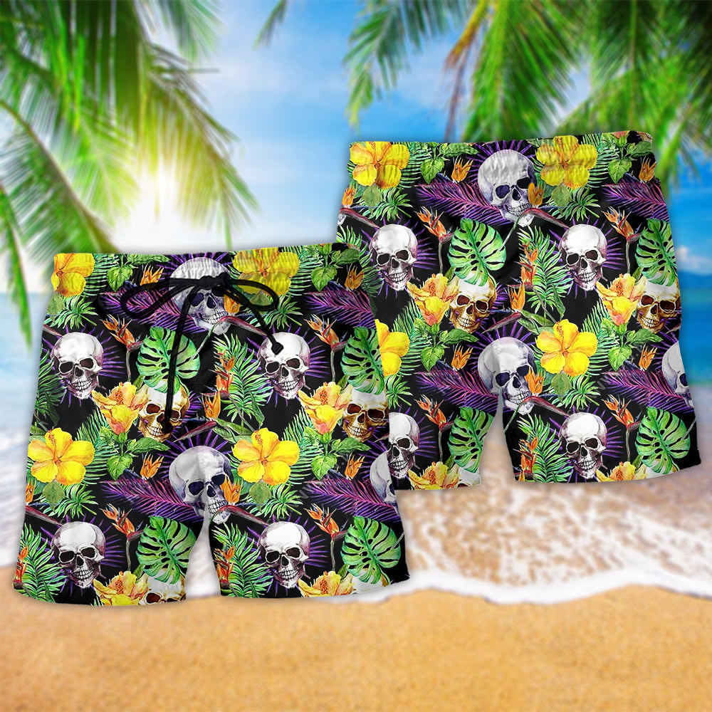 Skull Yellow Flower Beach Shorts Pattern Detail For Coastal Leisure And Comfortable Daily Wear