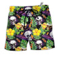 Skull Love Life Yellow Flower Hawaiian Print Beach Shorts For Island Getaways And Comfort