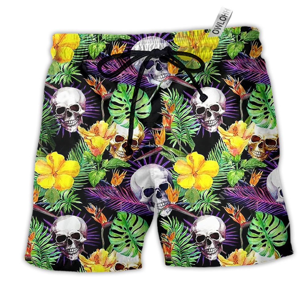 Skull Love Life Yellow Flower Hawaiian Print Beach Shorts For Island Getaways And Comfort