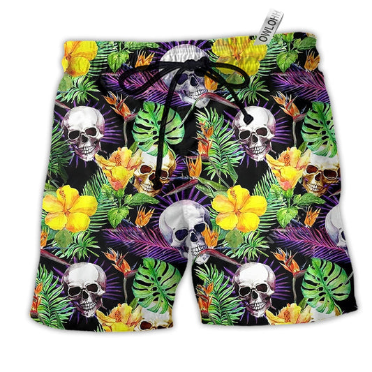 Skull Love Life Yellow Flower Hawaiian Print Beach Shorts For Island Getaways And Comfort