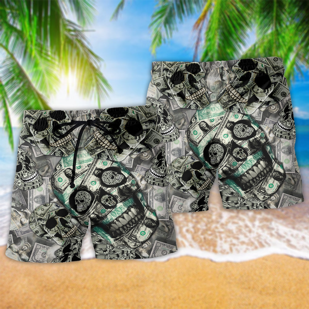 Dark Skull Money Beach Shorts Pattern Detail For Seaside Leisure And Thoughtful Gift Giving