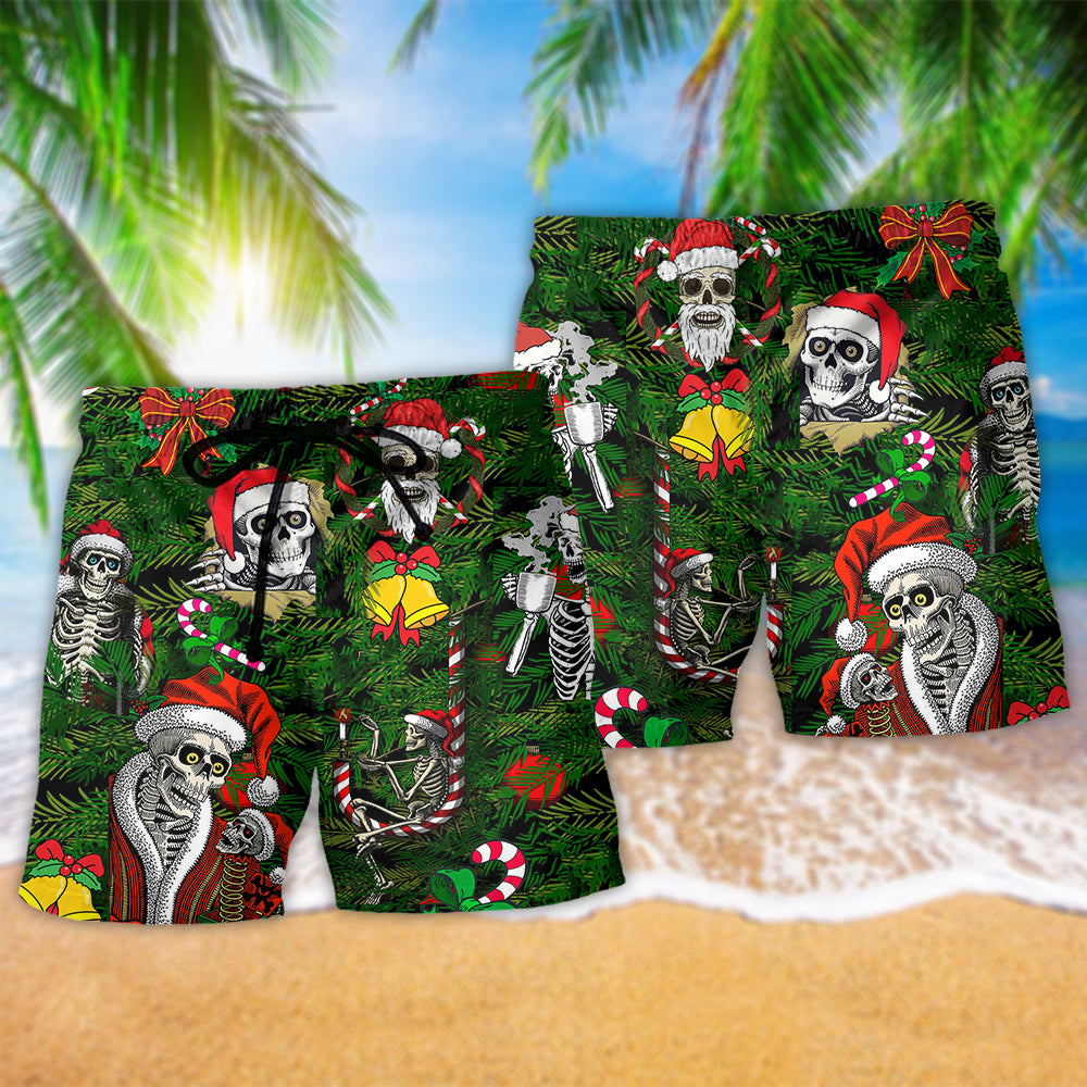 Skull Merry Xmas Happy Hawaiian Print Beach Shorts For Festive Vacation Wear
