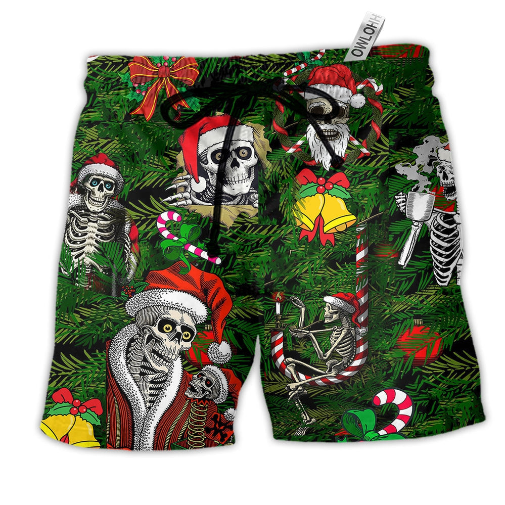 Skull Merry Xmas Happy Hawaiian Print Beach Shorts For Holiday Beach Days