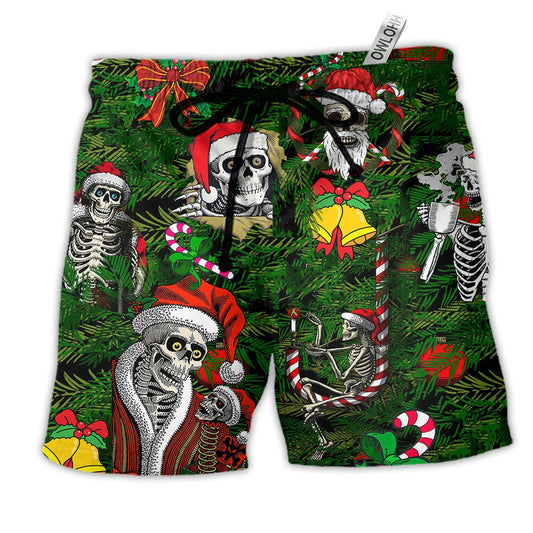 Skull Merry Xmas Happy Hawaiian Print Beach Shorts For Holiday Beach Days